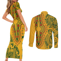 Africa Dashiki Couples Matching Short Sleeve Bodycon Dress and Long Sleeve Button Shirts African Tribal Art Mixed Polynesian Tattoo Gold Color Unique LT9 - Polynesian Pride