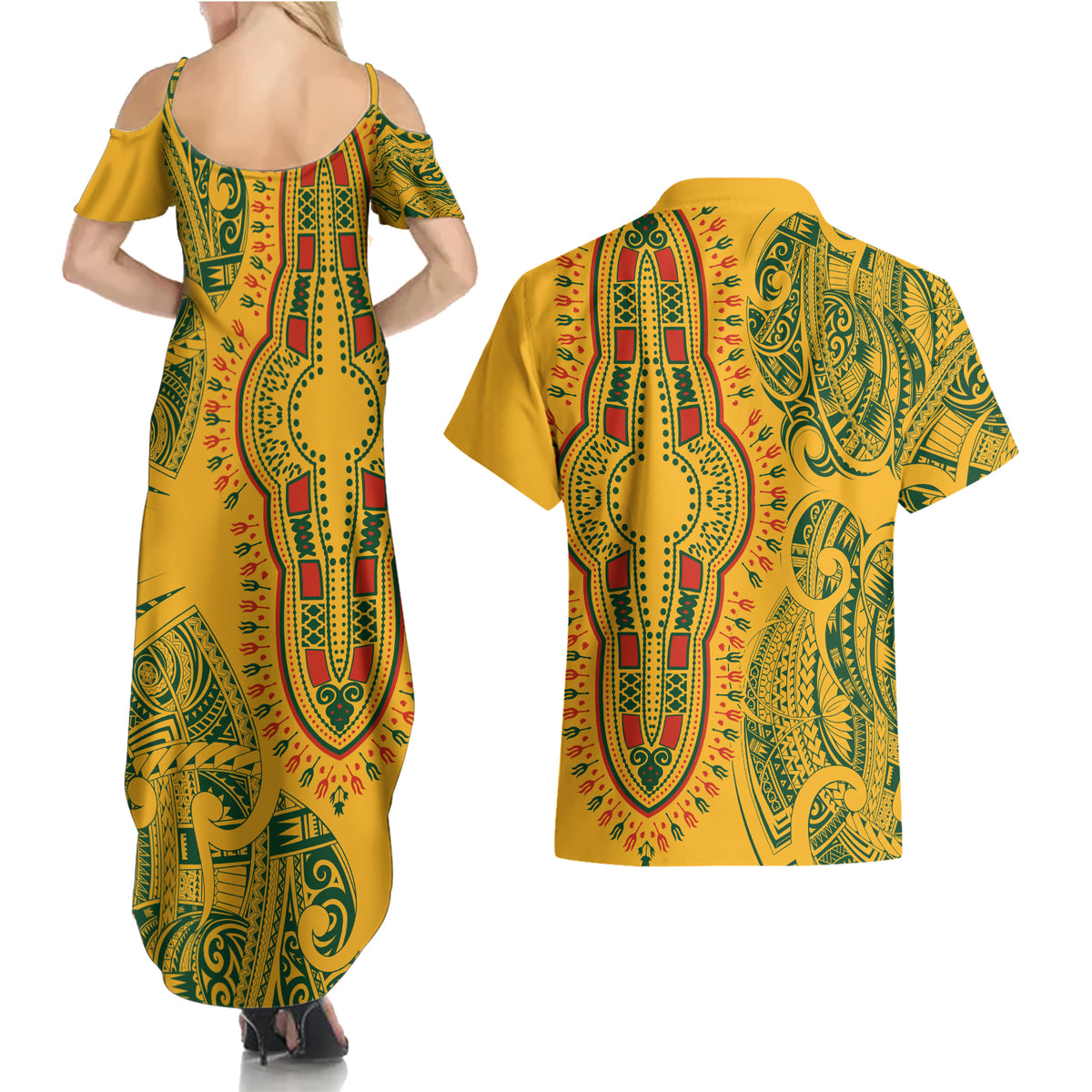 Africa Dashiki Couples Matching Summer Maxi Dress and Hawaiian Shirt African Tribal Art Mixed Polynesian Tattoo Gold Color Unique LT9 - Polynesian Pride
