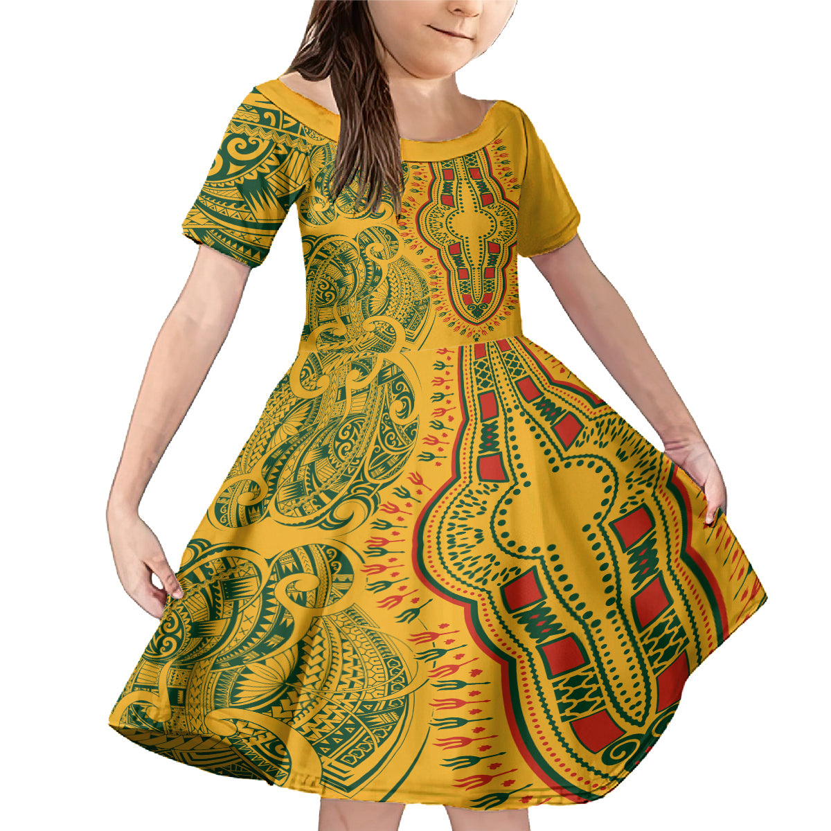 Africa Dashiki Family Matching Mermaid Dress and Hawaiian Shirt African Tribal Art Mixed Polynesian Tattoo Gold Color Unique LT9 Daughter's Dress Gold - Polynesian Pride