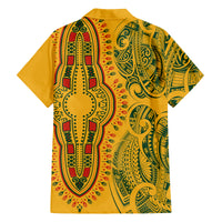 Africa Dashiki Family Matching Off Shoulder Short Dress and Hawaiian Shirt African Tribal Art Mixed Polynesian Tattoo Gold Color Unique LT9 - Polynesian Pride