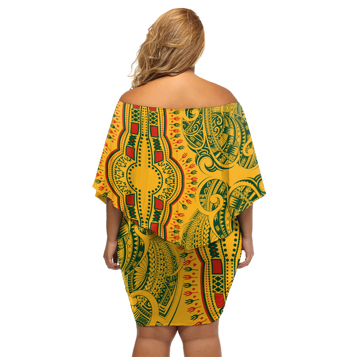 Africa Dashiki Family Matching Off Shoulder Short Dress and Hawaiian Shirt African Tribal Art Mixed Polynesian Tattoo Gold Color Unique LT9 - Polynesian Pride