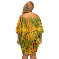 Africa Dashiki Family Matching Off Shoulder Short Dress and Hawaiian Shirt African Tribal Art Mixed Polynesian Tattoo Gold Color Unique LT9 - Polynesian Pride