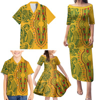Africa Dashiki Family Matching Puletasi Dress and Hawaiian Shirt African Tribal Art Mixed Polynesian Tattoo Gold Color Unique LT9 - Polynesian Pride