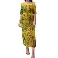 Africa Dashiki Family Matching Puletasi Dress and Hawaiian Shirt African Tribal Art Mixed Polynesian Tattoo Gold Color Unique LT9 Mom's Dress Gold - Polynesian Pride