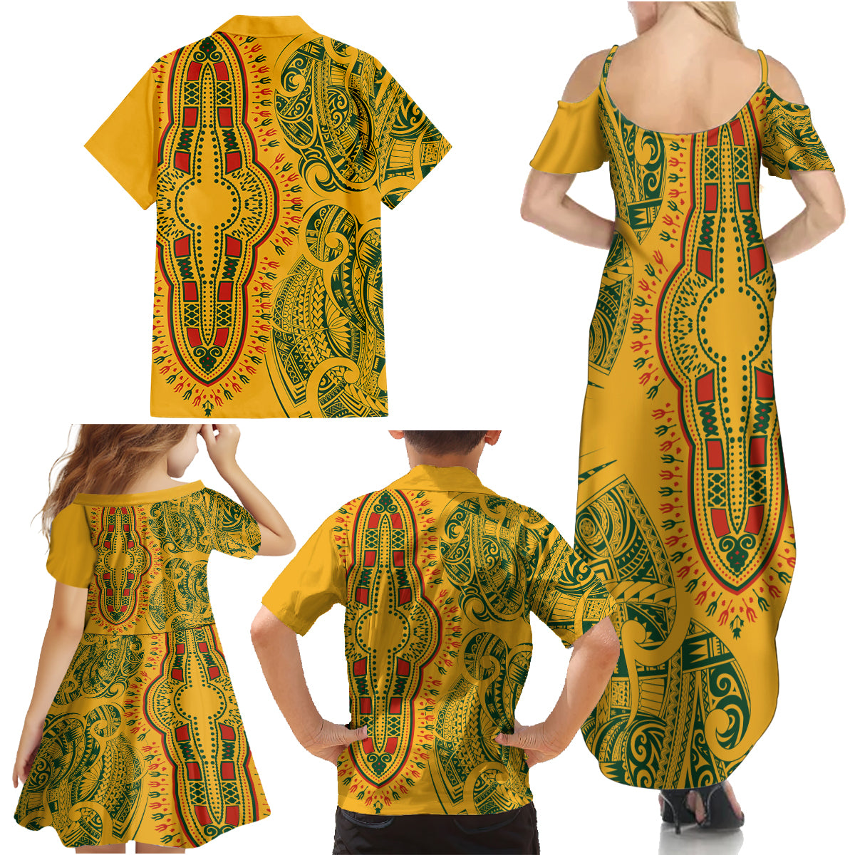 Africa Dashiki Family Matching Summer Maxi Dress and Hawaiian Shirt African Tribal Art Mixed Polynesian Tattoo Gold Color Unique LT9 - Polynesian Pride