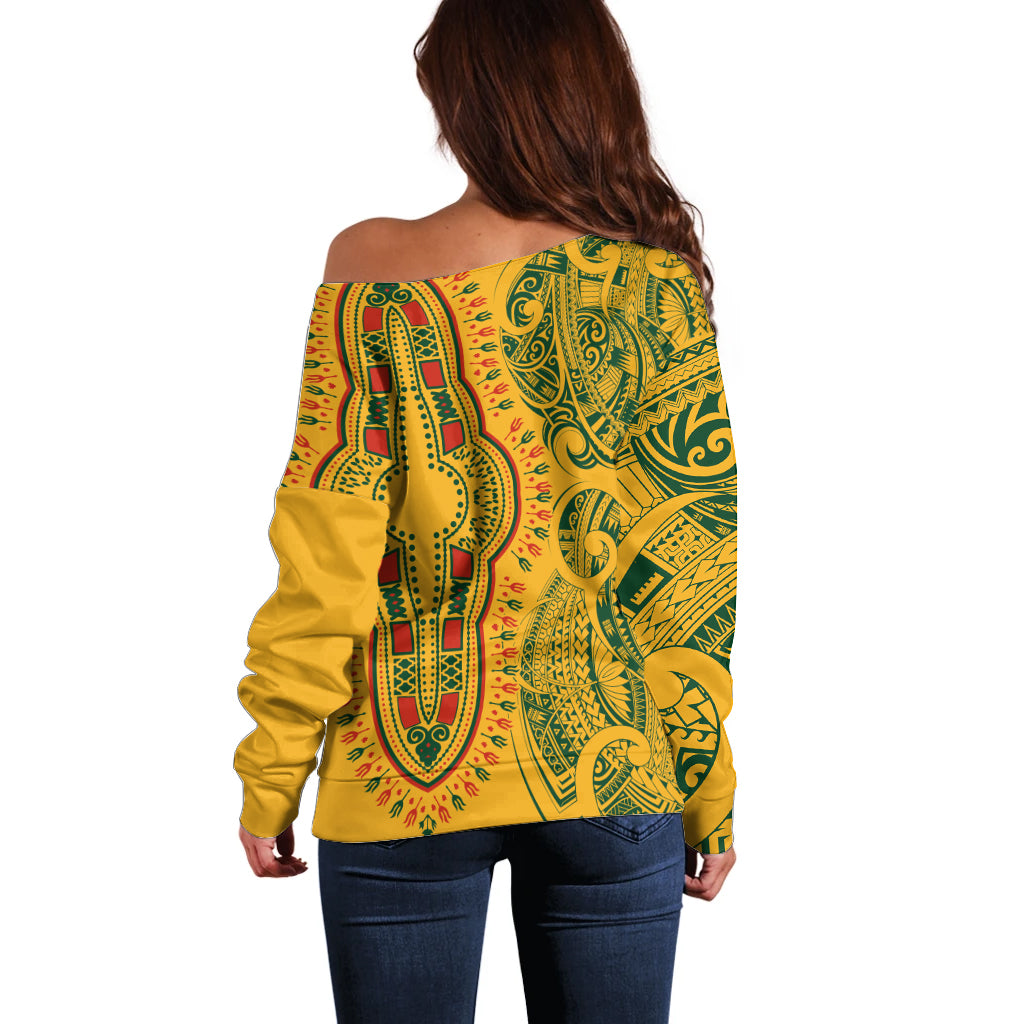 Africa Dashiki Off Shoulder Sweater African Tribal Art Mixed Polynesian Tattoo Gold Color Unique LT9 - Polynesian Pride