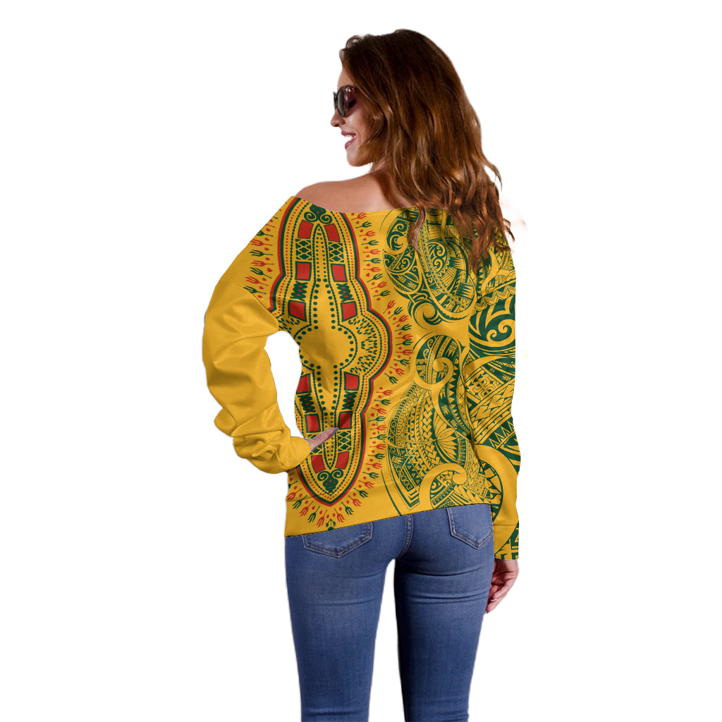 Africa Dashiki Off Shoulder Sweater African Tribal Art Mixed Polynesian Tattoo Gold Color Unique LT9 - Polynesian Pride