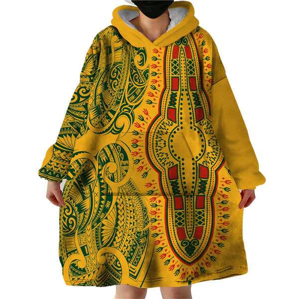African Dashiki and Polynesian Pattern Kid Wearable Blanket Hoodie Half Green-Gold LT9 main image 0