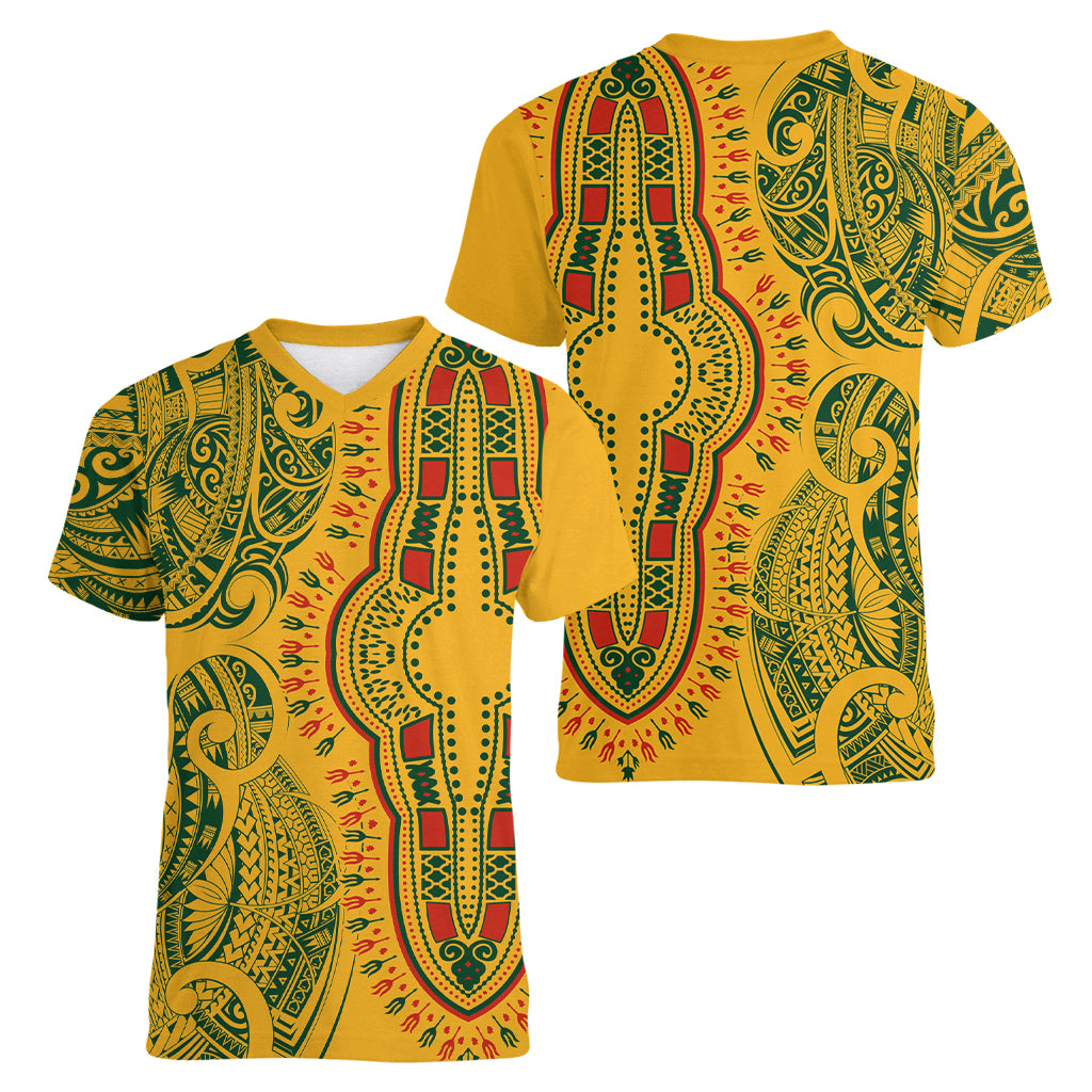 Africa Dashiki Women V Neck T Shirt African Tribal Art Mixed Polynesian Tattoo Gold Color Unique LT9 - Polynesian Pride