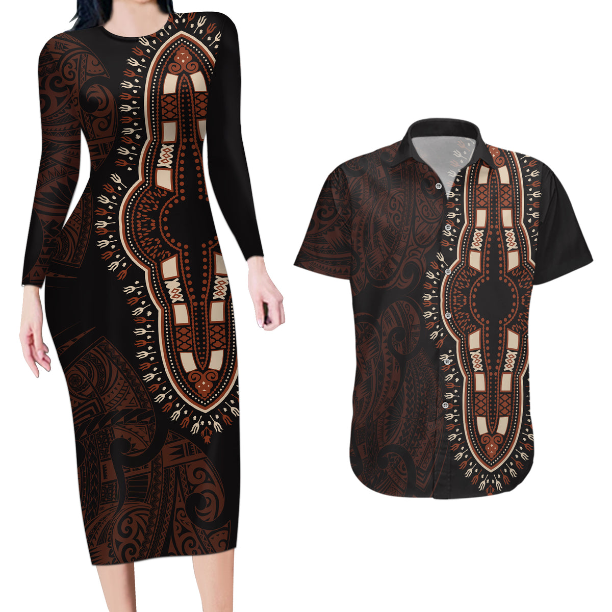 Africa Dashiki Couples Matching Long Sleeve Bodycon Dress and Hawaiian Shirt African Tribal Art Mixed Polynesian Tattoo Red Color Unique LT9 Red - Polynesian Pride