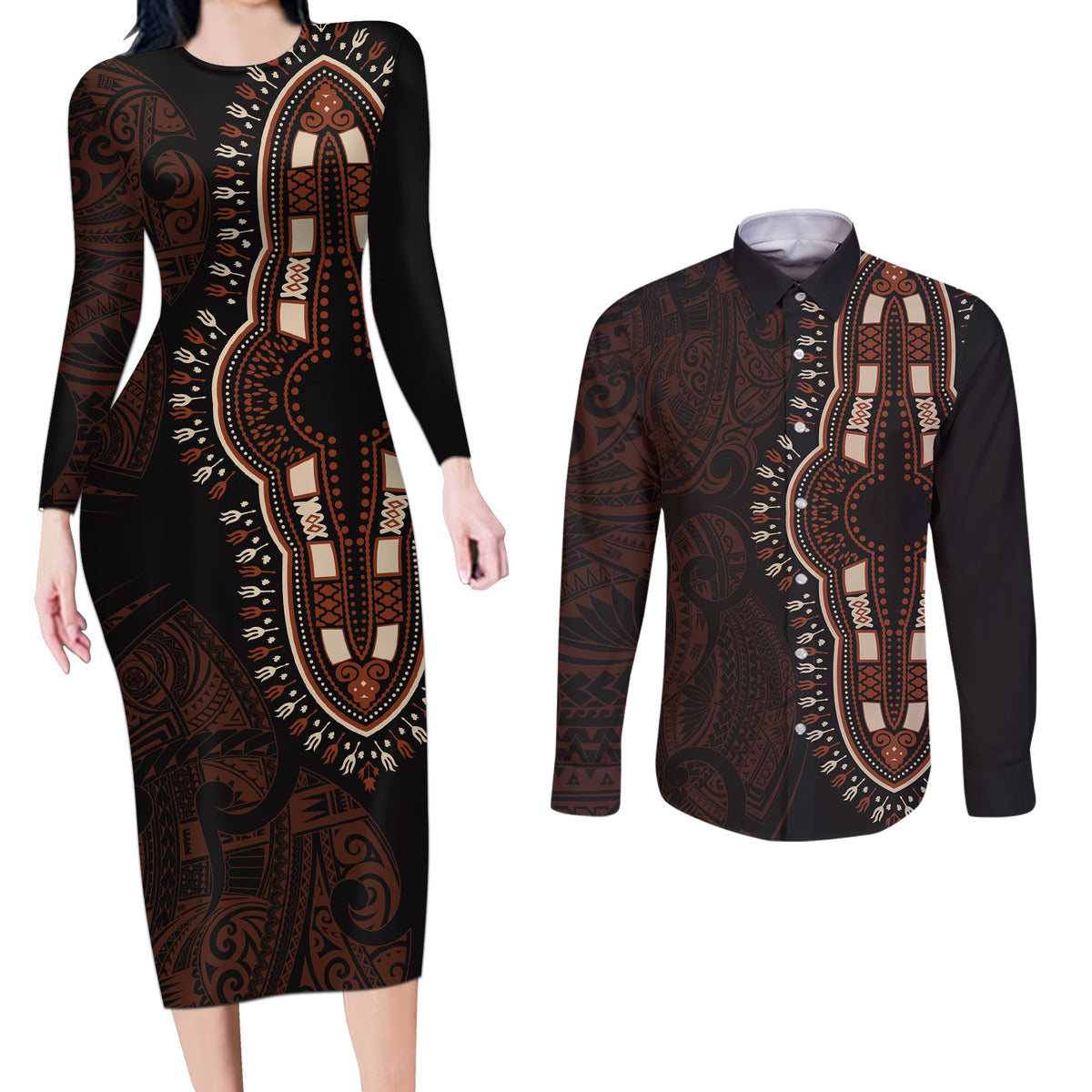 Africa Dashiki Couples Matching Long Sleeve Bodycon Dress and Long Sleeve Button Shirts African Tribal Art Mixed Polynesian Tattoo Red Color Unique LT9 Red - Polynesian Pride