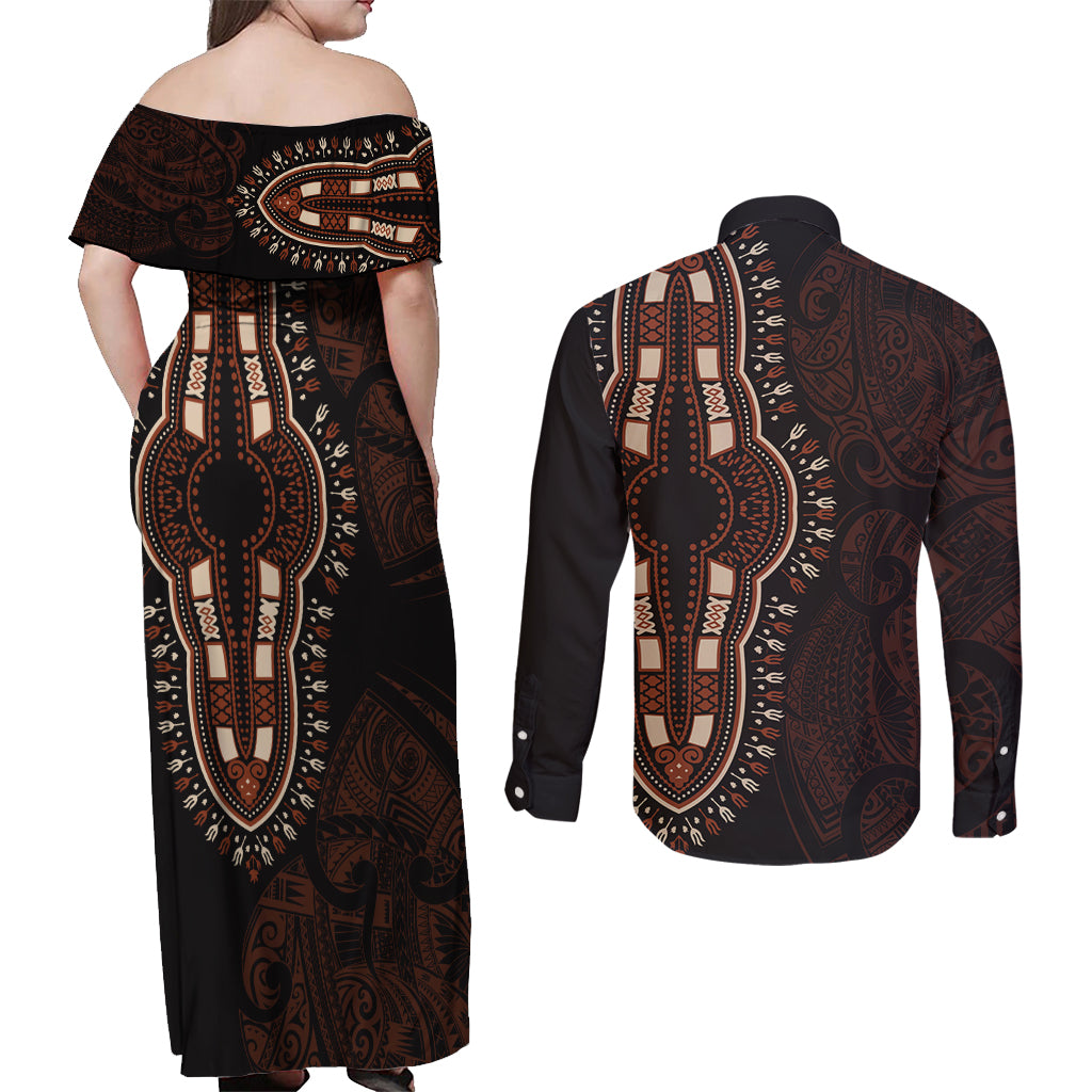 Africa Dashiki Couples Matching Off Shoulder Maxi Dress and Long Sleeve Button Shirts African Tribal Art Mixed Polynesian Tattoo Red Color Unique LT9 - Polynesian Pride