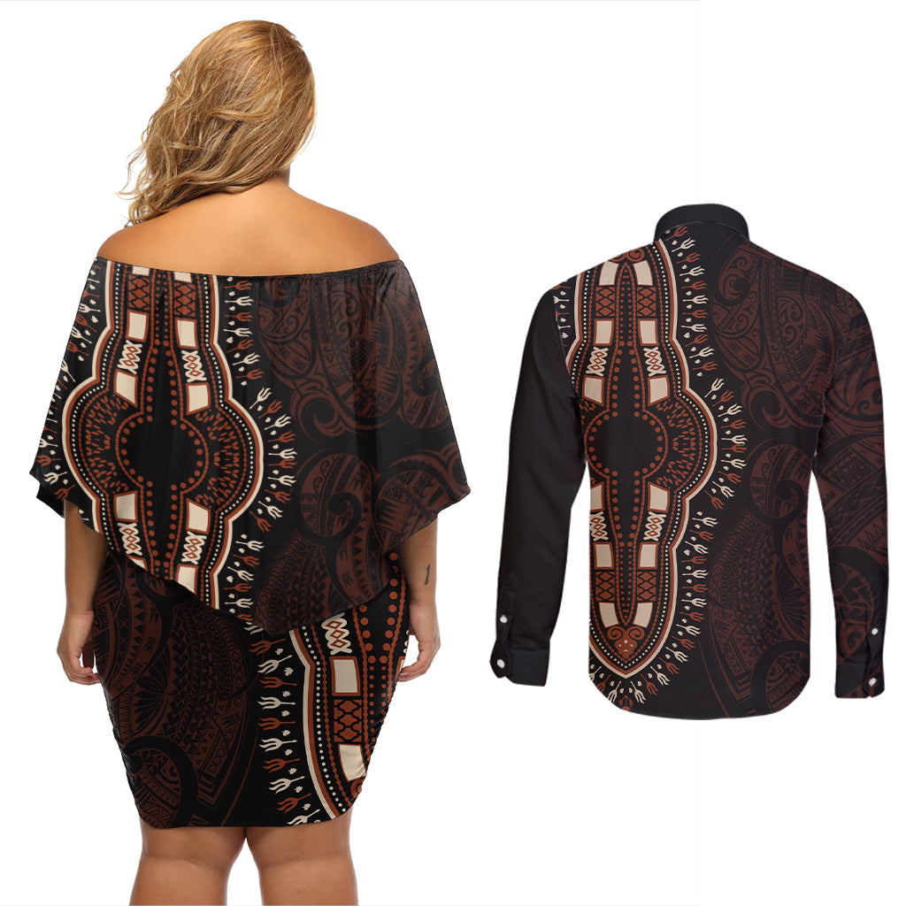 Africa Dashiki Couples Matching Off Shoulder Short Dress and Long Sleeve Button Shirts African Tribal Art Mixed Polynesian Tattoo Red Color Unique LT9 - Polynesian Pride