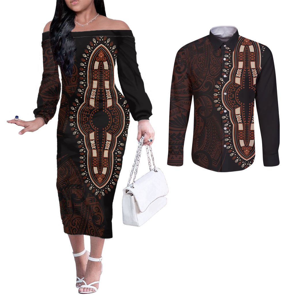 Africa Dashiki Couples Matching Off The Shoulder Long Sleeve Dress and Long Sleeve Button Shirts African Tribal Art Mixed Polynesian Tattoo Red Color Unique LT9 Red - Polynesian Pride