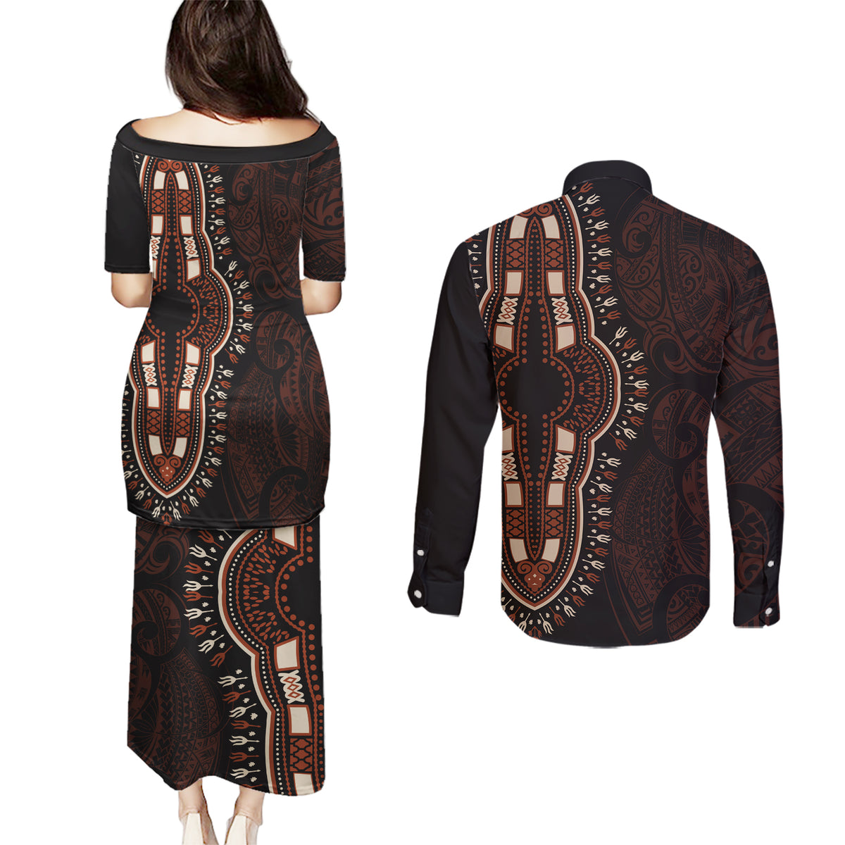 Africa Dashiki Couples Matching Puletasi Dress and Long Sleeve Button Shirts African Tribal Art Mixed Polynesian Tattoo Red Color Unique LT9 - Polynesian Pride