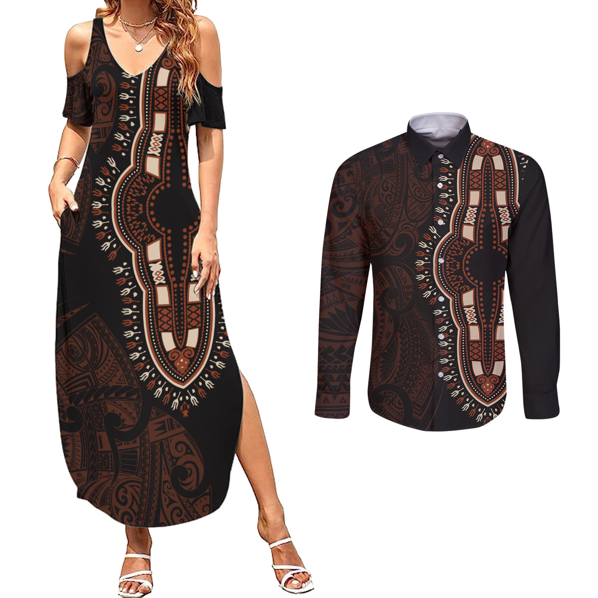 Africa Dashiki Couples Matching Summer Maxi Dress and Long Sleeve Button Shirts African Tribal Art Mixed Polynesian Tattoo Red Color Unique LT9 Red - Polynesian Pride