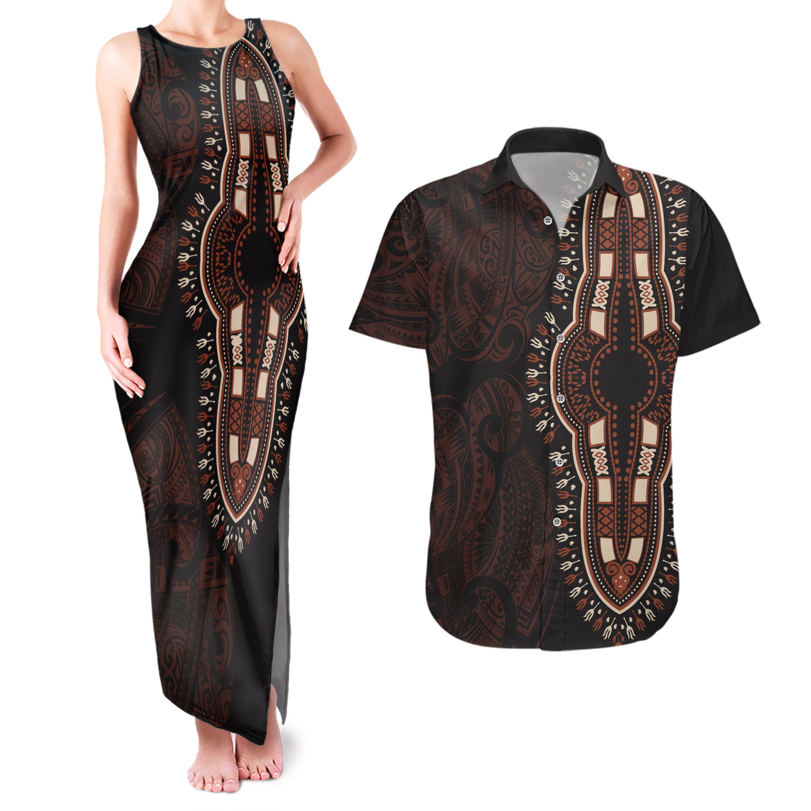 Africa Dashiki Couples Matching Tank Maxi Dress and Hawaiian Shirt African Tribal Art Mixed Polynesian Tattoo Red Color Unique LT9 Red - Polynesian Pride