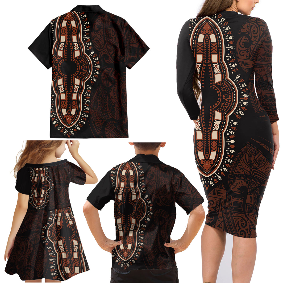 Africa Dashiki Family Matching Long Sleeve Bodycon Dress and Hawaiian Shirt African Tribal Art Mixed Polynesian Tattoo Red Color Unique LT9 - Polynesian Pride