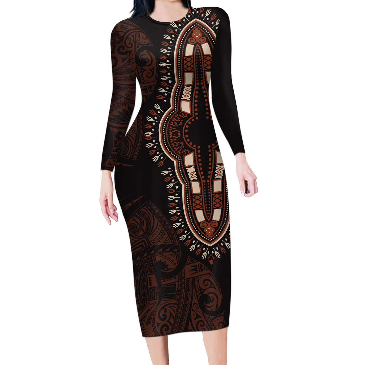 Africa Dashiki Family Matching Long Sleeve Bodycon Dress and Hawaiian Shirt African Tribal Art Mixed Polynesian Tattoo Red Color Unique LT9 Mom's Dress Red - Polynesian Pride