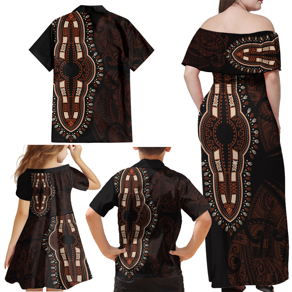 Africa Dashiki Family Matching Off Shoulder Maxi Dress and Hawaiian Shirt African Tribal Art Mixed Polynesian Tattoo Red Color Unique LT9 - Polynesian Pride