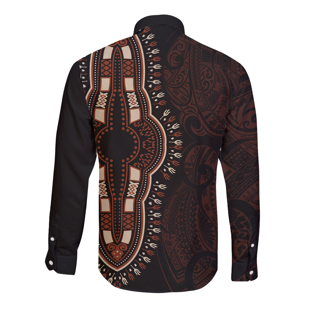 Africa Dashiki Long Sleeve Button Shirt African Tribal Art Mixed Polynesian Tattoo Red Color Unique LT9 - Polynesian Pride