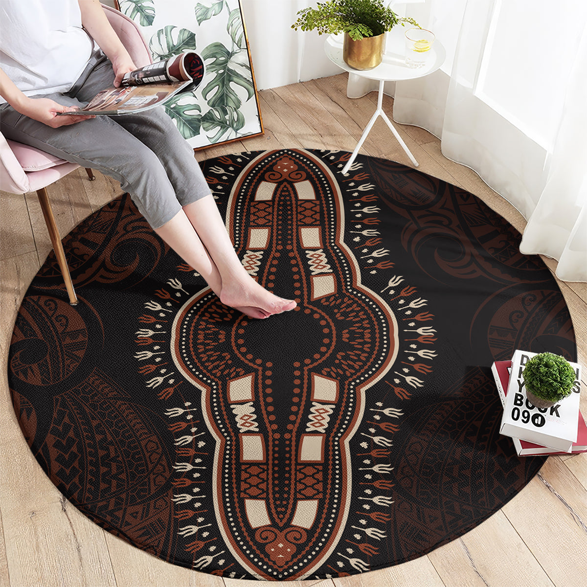 Africa Dashiki Round Carpet African Tribal Art Mixed Polynesian Tattoo Red Color Unique LT9 - Polynesian Pride