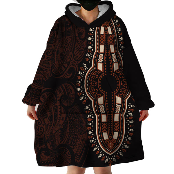 African Dashiki and Polynesian Pattern Kid Wearable Blanket Hoodie Half Green-Gold LT9 main image 1