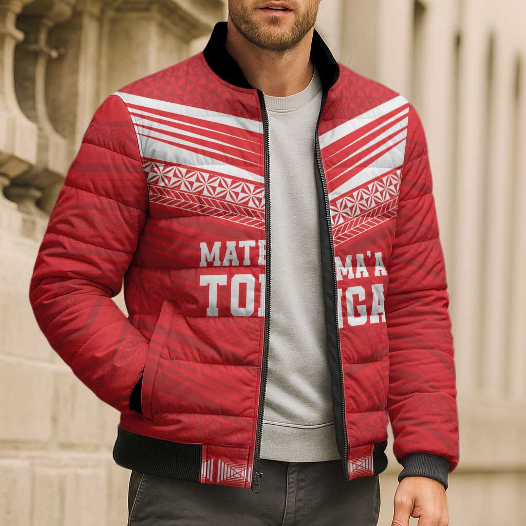 Custom Mate Ma'a Tonga Heritage Bomber Puffer Jacket Pacific Tribal Rugby Red Edition - Polynesian Pride