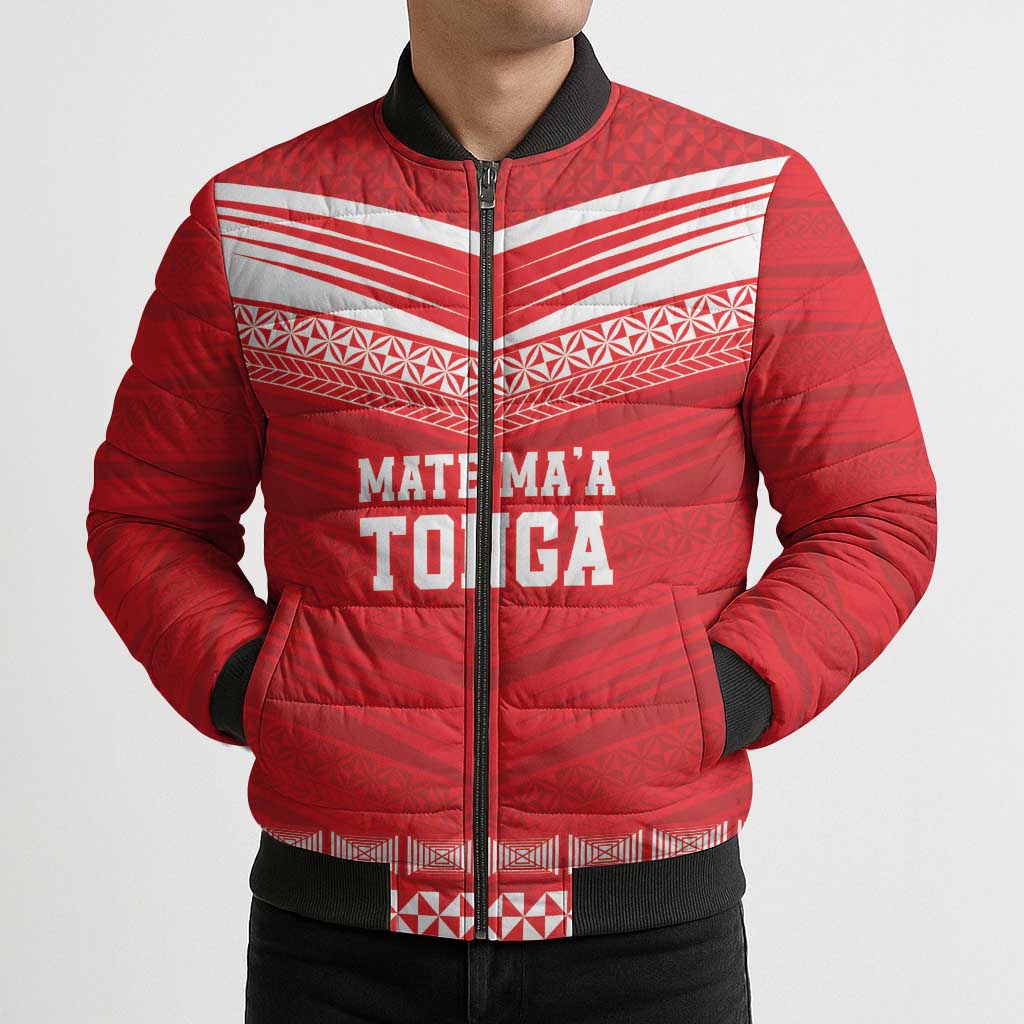Custom Mate Ma'a Tonga Heritage Bomber Puffer Jacket Pacific Tribal Rugby Red Edition - Polynesian Pride