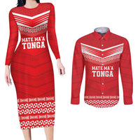 Custom Mate Ma'a Tonga Heritage Couples Matching Long Sleeve Bodycon Dress and Long Sleeve Button Shirt Pacific Tribal Rugby Red Edition - Polynesian Pride