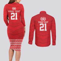 Custom Mate Ma'a Tonga Heritage Couples Matching Long Sleeve Bodycon Dress and Long Sleeve Button Shirt Pacific Tribal Rugby Red Edition - Polynesian Pride