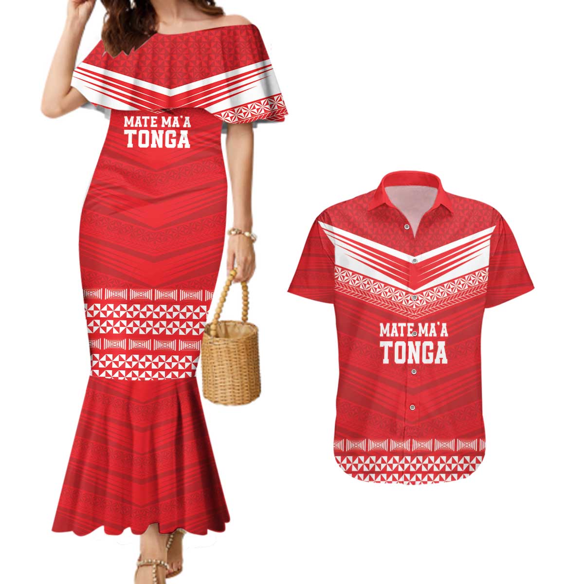 Custom Mate Ma'a Tonga Heritage Couples Matching Mermaid Dress and Hawaiian Shirt Pacific Tribal Rugby Red Edition - Polynesian Pride