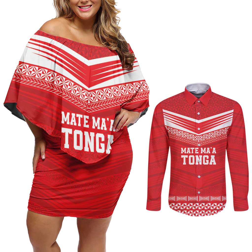 Custom Mate Ma'a Tonga Heritage Couples Matching Off Shoulder Short Dress and Long Sleeve Button Shirt Pacific Tribal Rugby Red Edition - Polynesian Pride