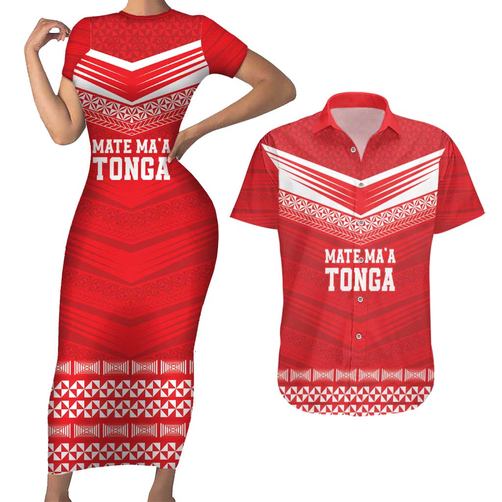 Custom Mate Ma'a Tonga Heritage Couples Matching Short Sleeve Bodycon Dress and Hawaiian Shirt Pacific Tribal Rugby Red Edition - Polynesian Pride