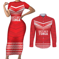 Custom Mate Ma'a Tonga Heritage Couples Matching Short Sleeve Bodycon Dress and Long Sleeve Button Shirt Pacific Tribal Rugby Red Edition - Polynesian Pride