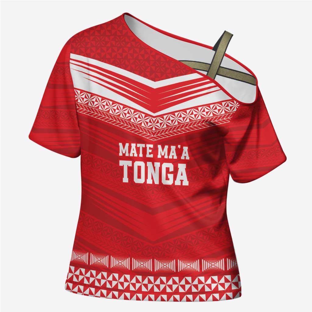 Custom Mate Ma'a Tonga Heritage Cross Shoulder Shirt Pacific Tribal Rugby Red Edition - Polynesian Pride