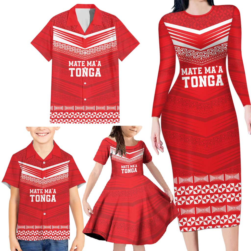 Custom Mate Ma'a Tonga Heritage Family Matching Long Sleeve Bodycon Dress and Hawaiian Shirt Pacific Tribal Rugby Red Edition - Polynesian Pride