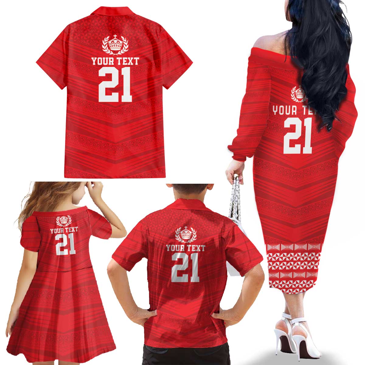 Custom Mate Ma'a Tonga Heritage Family Matching Off The Shoulder Long Sleeve Dress and Hawaiian Shirt Pacific Tribal Rugby Red Edition - Polynesian Pride
