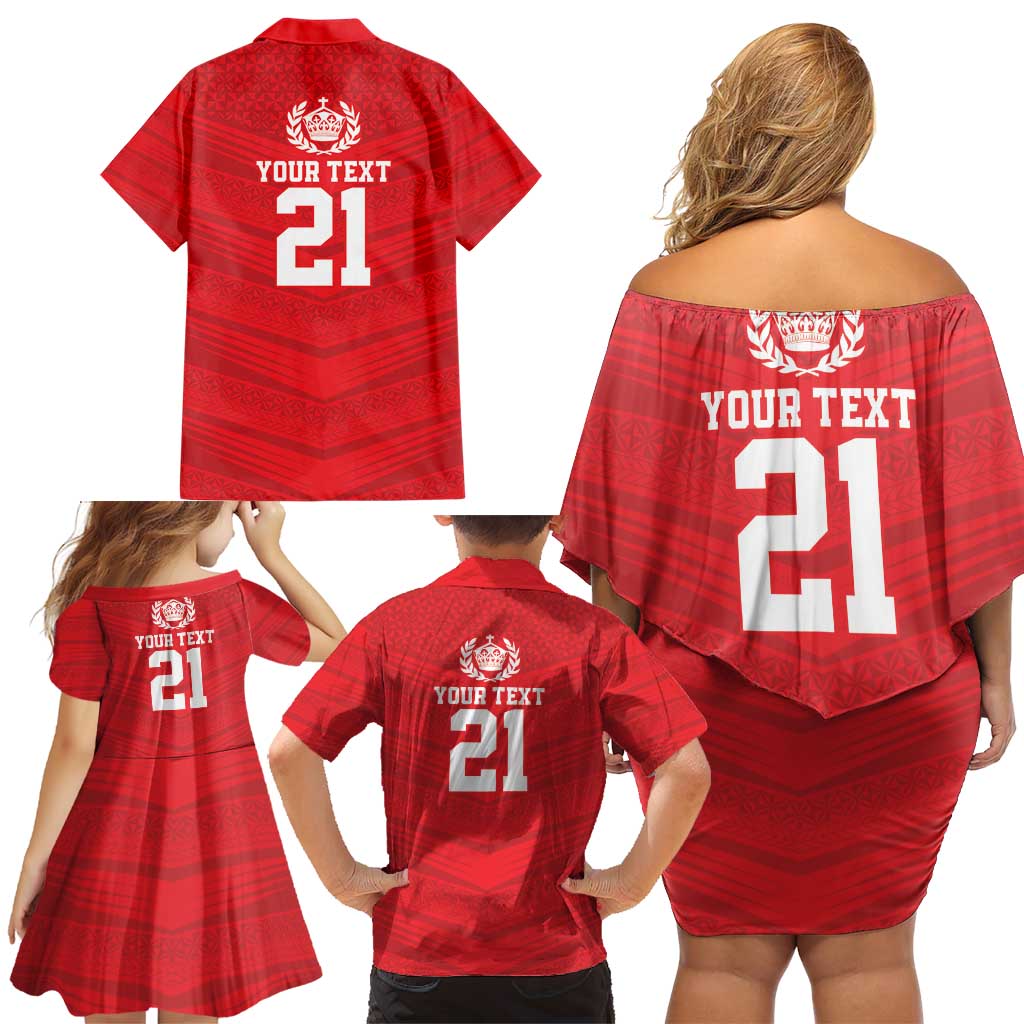 Custom Mate Ma'a Tonga Heritage Family Matching Off Shoulder Short Dress and Hawaiian Shirt Pacific Tribal Rugby Red Edition - Polynesian Pride