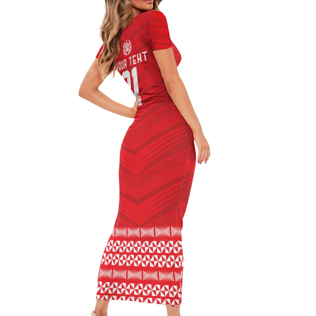 Custom Mate Ma'a Tonga Heritage Family Matching Short Sleeve Bodycon Dress and Hawaiian Shirt Pacific Tribal Rugby Red Edition - Polynesian Pride