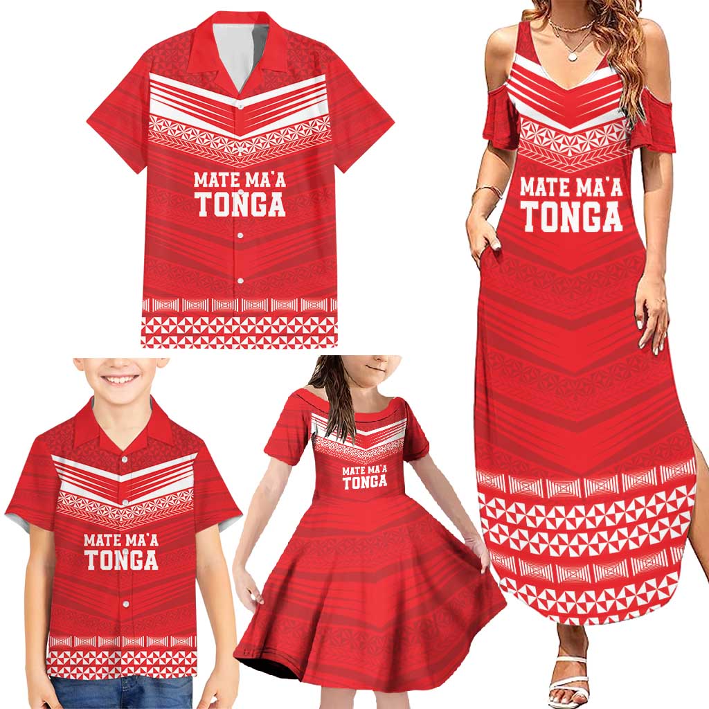 Custom Mate Ma'a Tonga Heritage Family Matching Summer Maxi Dress and Hawaiian Shirt Pacific Tribal Rugby Red Edition - Polynesian Pride