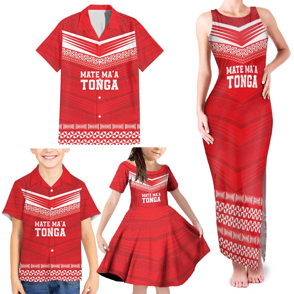 Custom Mate Ma'a Tonga Heritage Family Matching Tank Maxi Dress and Hawaiian Shirt Pacific Tribal Rugby Red Edition - Polynesian Pride