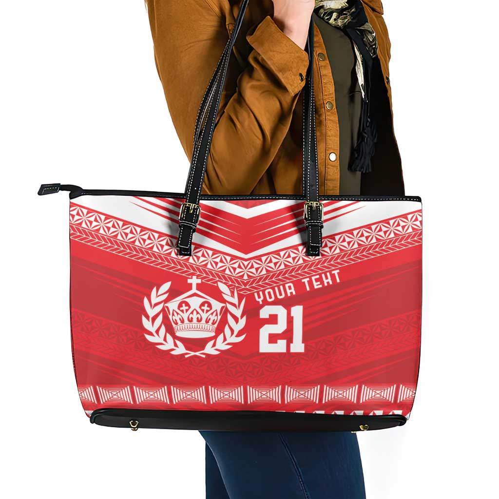 Custom Mate Ma'a Tonga Heritage Leather Tote Bag Pacific Tribal Rugby Red Edition - Polynesian Pride