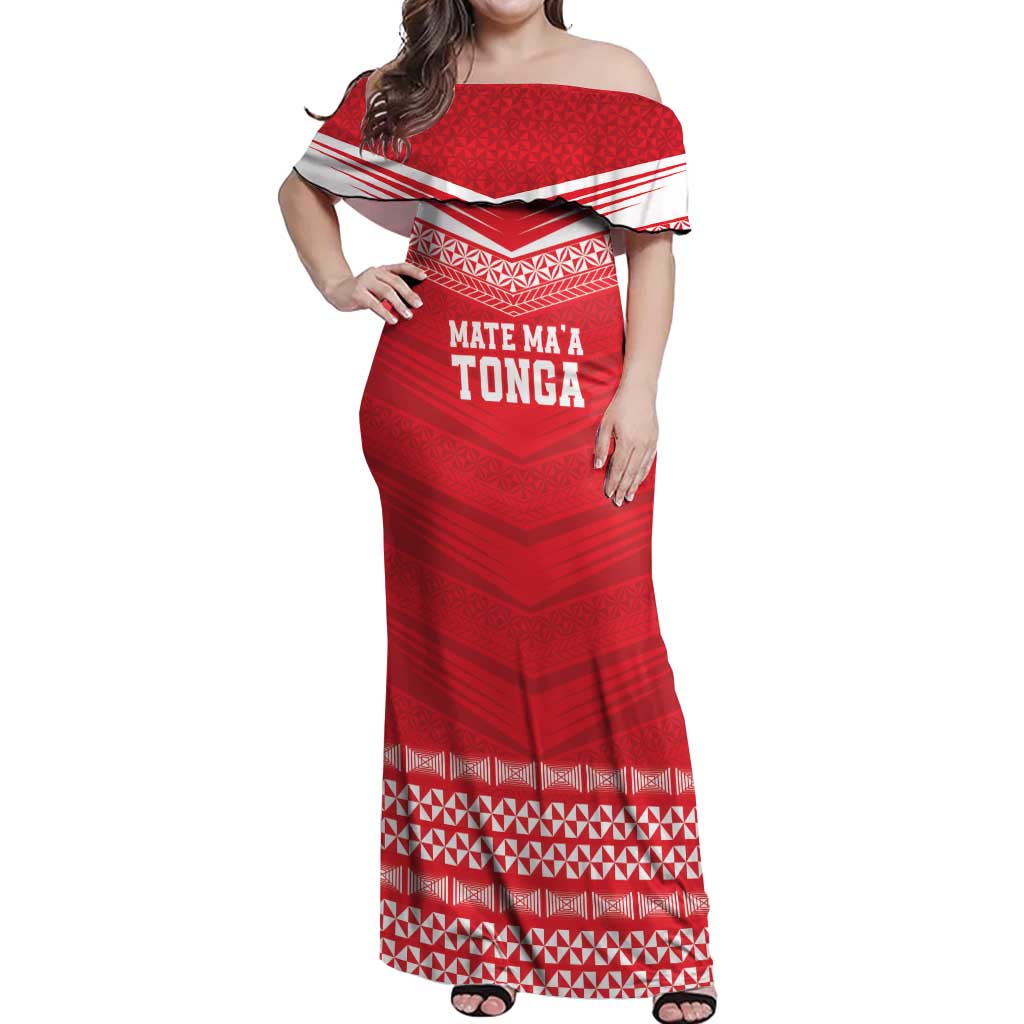 Custom Mate Ma'a Tonga Heritage Off Shoulder Maxi Dress Pacific Tribal Rugby Red Edition - Polynesian Pride