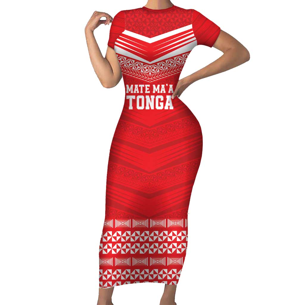 Custom Mate Ma'a Tonga Heritage Short Sleeve Bodycon Dress Pacific Tribal Rugby Red Edition - Polynesian Pride