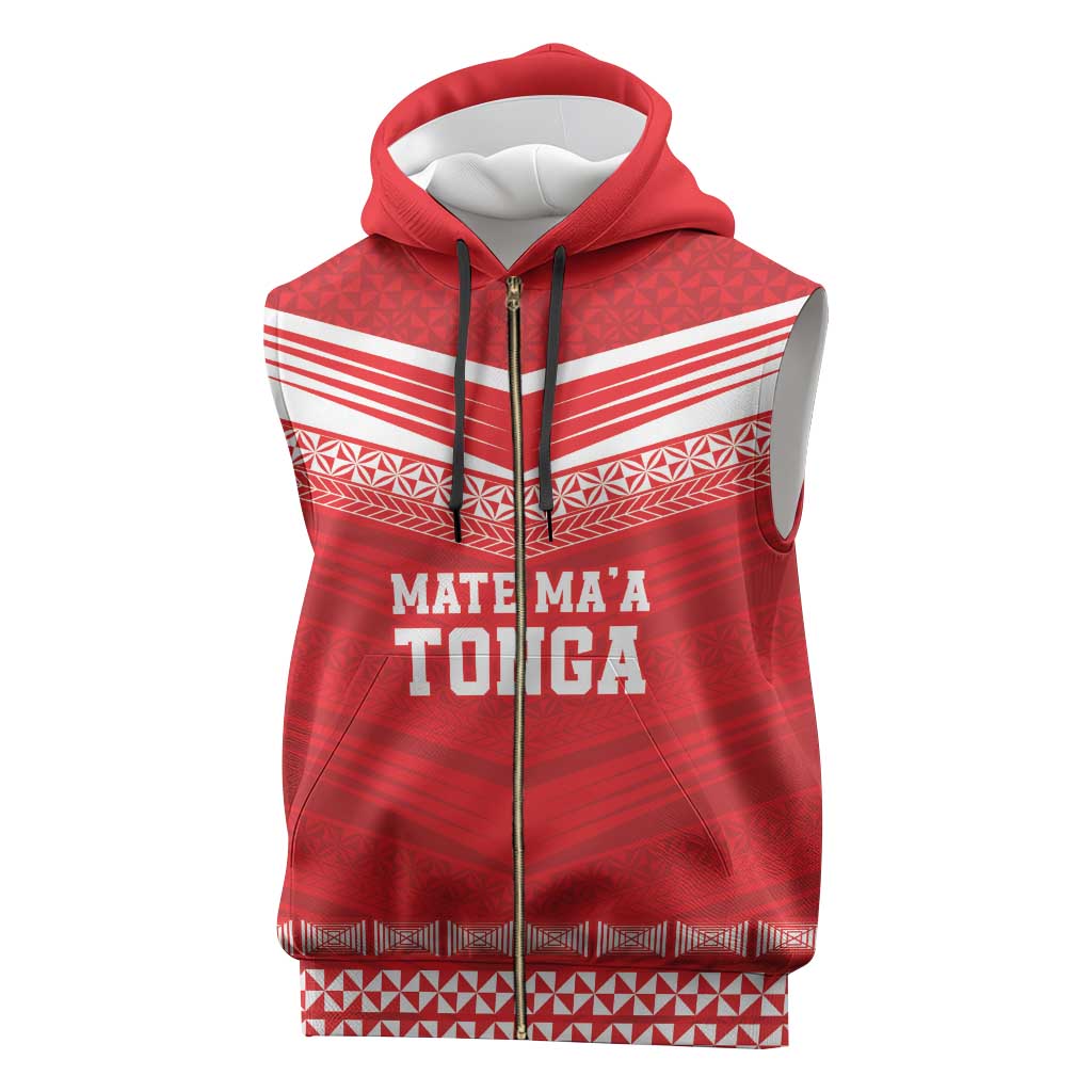Custom Mate Ma'a Tonga Heritage Sleeveless Zip Hoodie Pacific Tribal Rugby Red Edition - Polynesian Pride