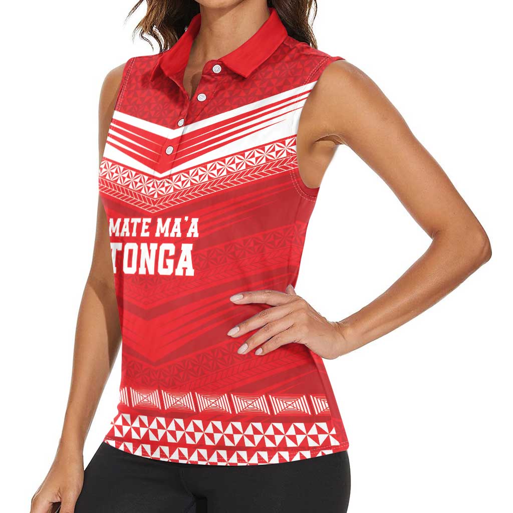 Custom Mate Ma'a Tonga Heritage Women Sleeveless Polo Shirt Pacific Tribal Rugby Red Edition - Polynesian Pride