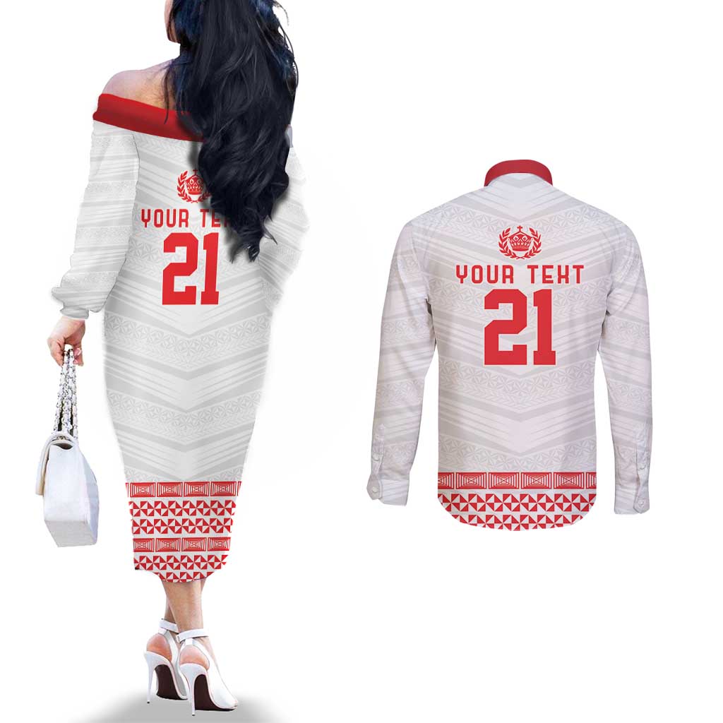 Custom Mate Ma'a Tonga Heritage Couples Matching Off The Shoulder Long Sleeve Dress and Long Sleeve Button Shirt Pacific Tribal Rugby White Edition - Polynesian Pride