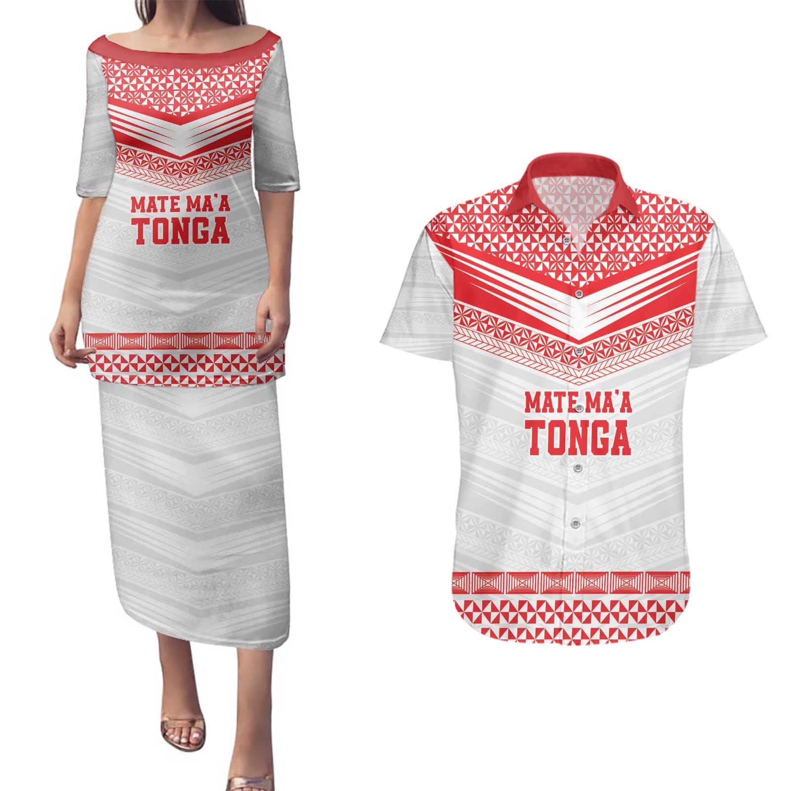 Custom Mate Ma'a Tonga Heritage Couples Matching Puletasi and Hawaiian Shirt Pacific Tribal Rugby White Edition - Polynesian Pride