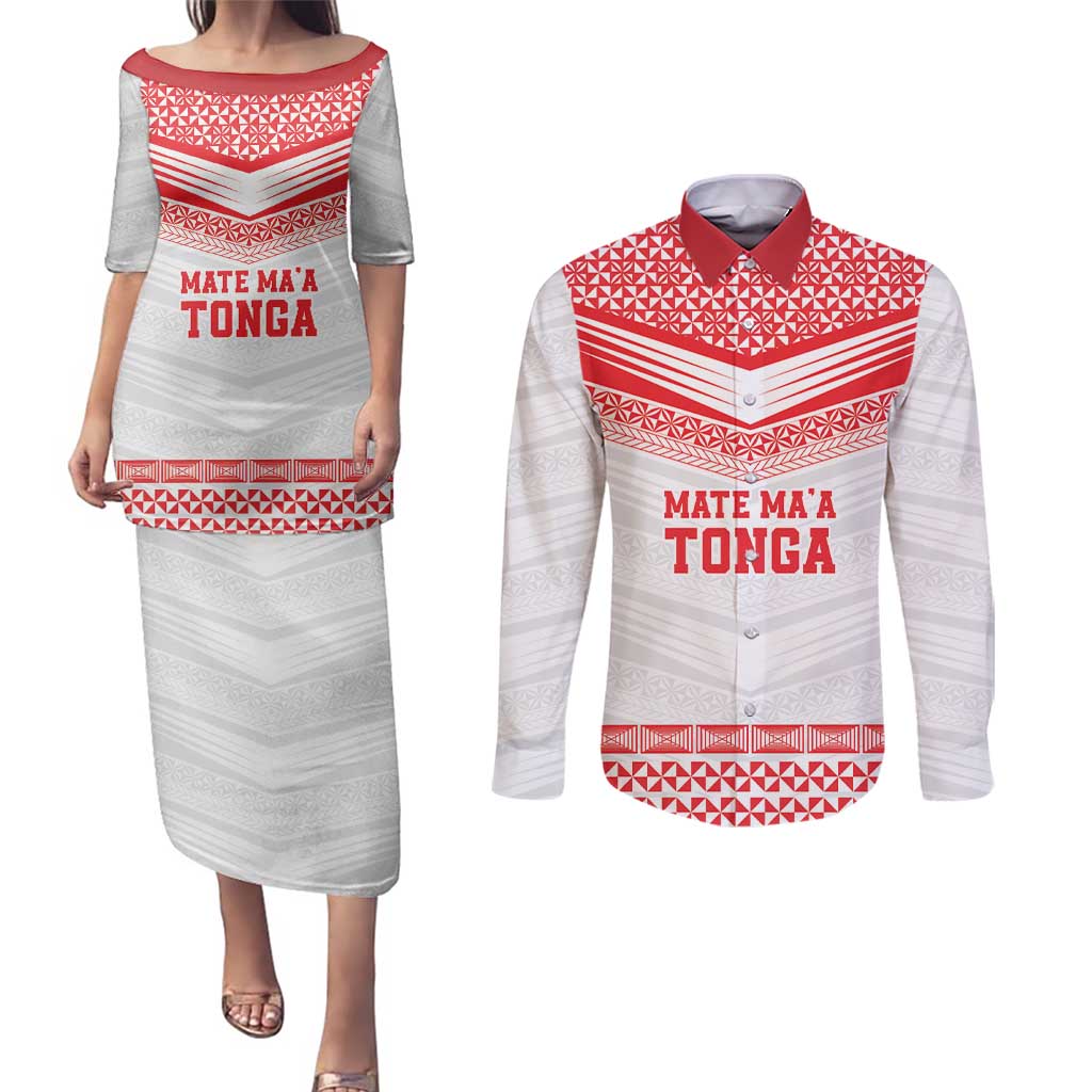 Custom Mate Ma'a Tonga Heritage Couples Matching Puletasi and Long Sleeve Button Shirt Pacific Tribal Rugby White Edition - Polynesian Pride